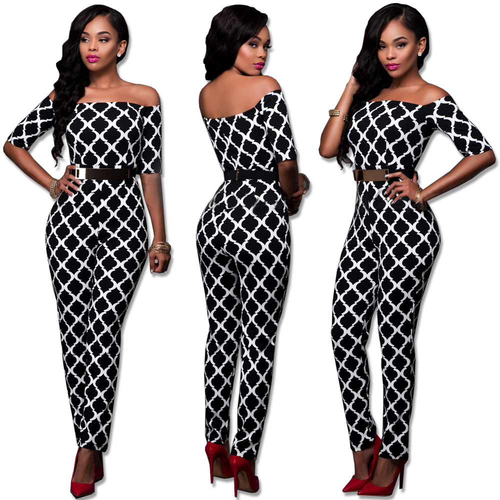F2516-2 Women Jumpsuits Fashion Print Off the Shoulder with Belt